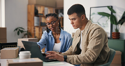 Buy stock photo Logistics, people and conversation in office with laptop, online order and review ecommerce email. Team, talk or collaboration with computer for planning, courier service or website for supply chain.