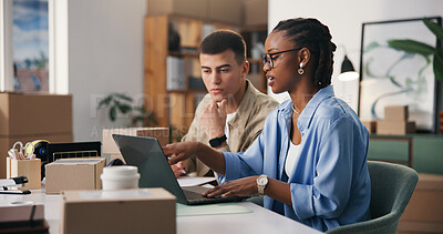 Buy stock photo Logistics, people and discussion in office with laptop, check online order or review ecommerce email. Team, talk and collaboration with computer for planning, courier service or supply chain website.