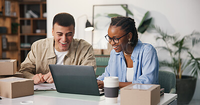 Buy stock photo Boxes, laptop and smile with people in logistics office together for delivery of online order. Collaboration, computer and distribution with happy supply chain team at work for shipping or tracking