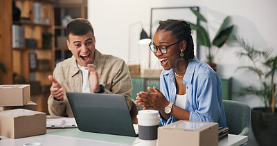 Buy stock photo Applause, laptop and smile with people in logistics office together for delivery of online order. Collaboration, computer and distribution with excited supply chain team at work for shipping success