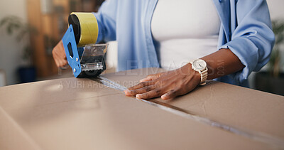 Buy stock photo Person, hands and packaging with box for logistics, courier service or tape in small business. Distributor, supplier or cargo with seal for delivery order, safety or security of merchandise in home