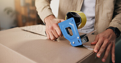 Buy stock photo Person, hands and packaging with box for supply chain, courier service or tape in small business. Distributor, supplier or cargo for seal and delivery order, safety or security of merchandise in home