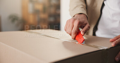 Buy stock photo Hands, customer and knife with box at house for unboxing, package delivery and ecommerce order. Closeup, person or blade with cardboard, online shopping and open parcel for courier of retail purchase