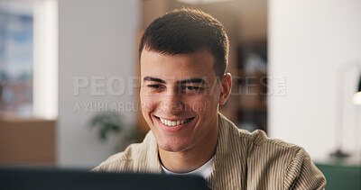 Buy stock photo Business, smile and man in office, laptop for online reading and research for news report. Happy person, funny or journalist in workplace, creative agency and pc for article submission or publication