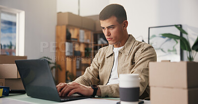 Buy stock photo Laptop, typing and man in office for shipping, inventory review or order update in startup. Computer, person and logistics entrepreneur in small business to check stock, procurement and ecommerce