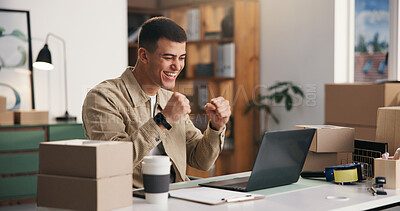 Buy stock photo Fist pump, laptop and smile with man in logistics office for delivery or online order success. Computer, distribution and yes with excited supply chain employee at work for ecommerce or shipping