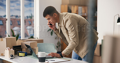 Buy stock photo Laptop, logistics and phone call with man in office for ecommerce delivery of online order. Computer, conversation and distribution with supply chain employee at work for shipping, tracking or update