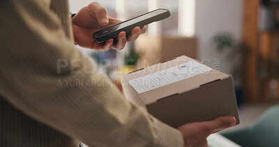 Buy stock photo Person, hands and phone with box for scan, logistics or delivery tracking confirmation in home. User, package or label with mobile smartphone scanner for courier service, distribution or supply chain