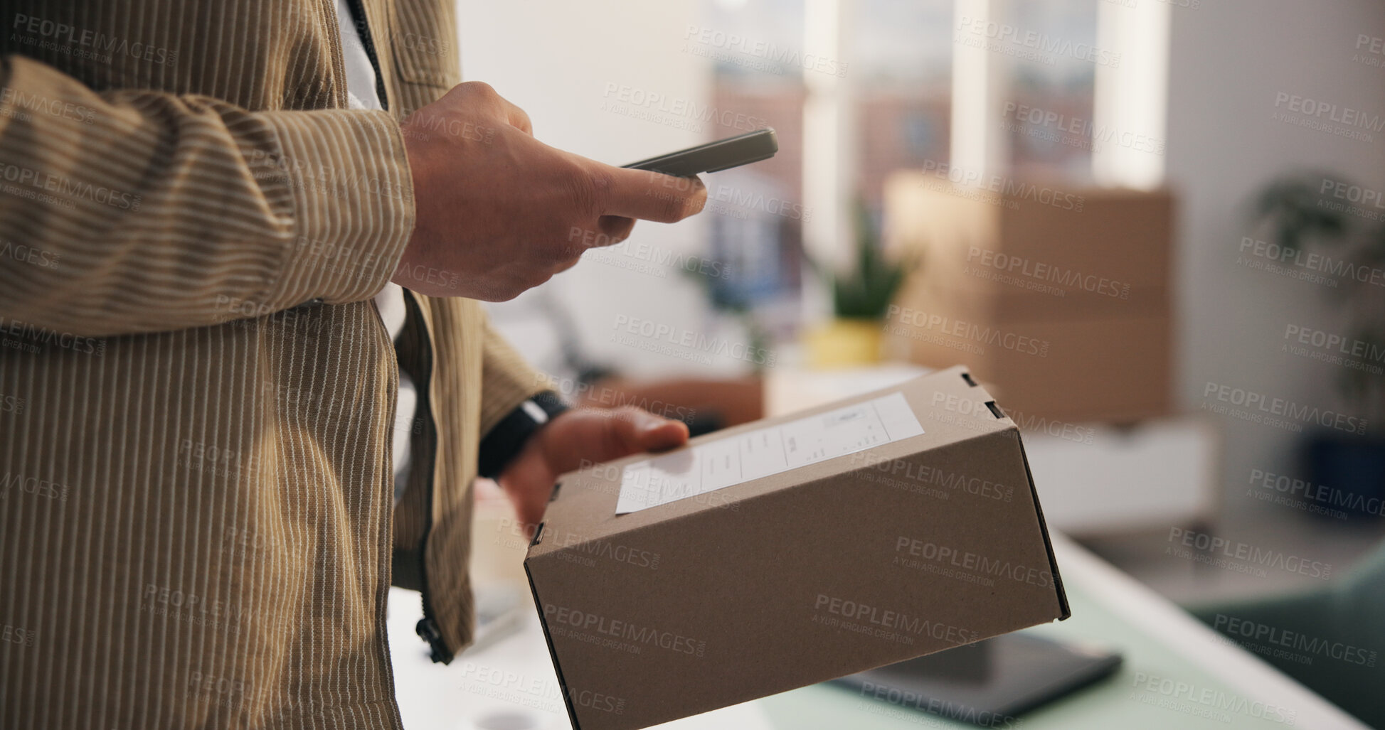 Buy stock photo Person, hands and phone scanner with box for logistics, delivery tracking or confirmation in home. User, package or label with mobile smartphone scan for courier service, distribution or supply chain