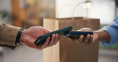 Buy stock photo Phone, hands and payment with pos machine for shopping, cashless transaction and fintech. Mobile, people and financial purchase in store with cashier for sale, retail discount or customer service