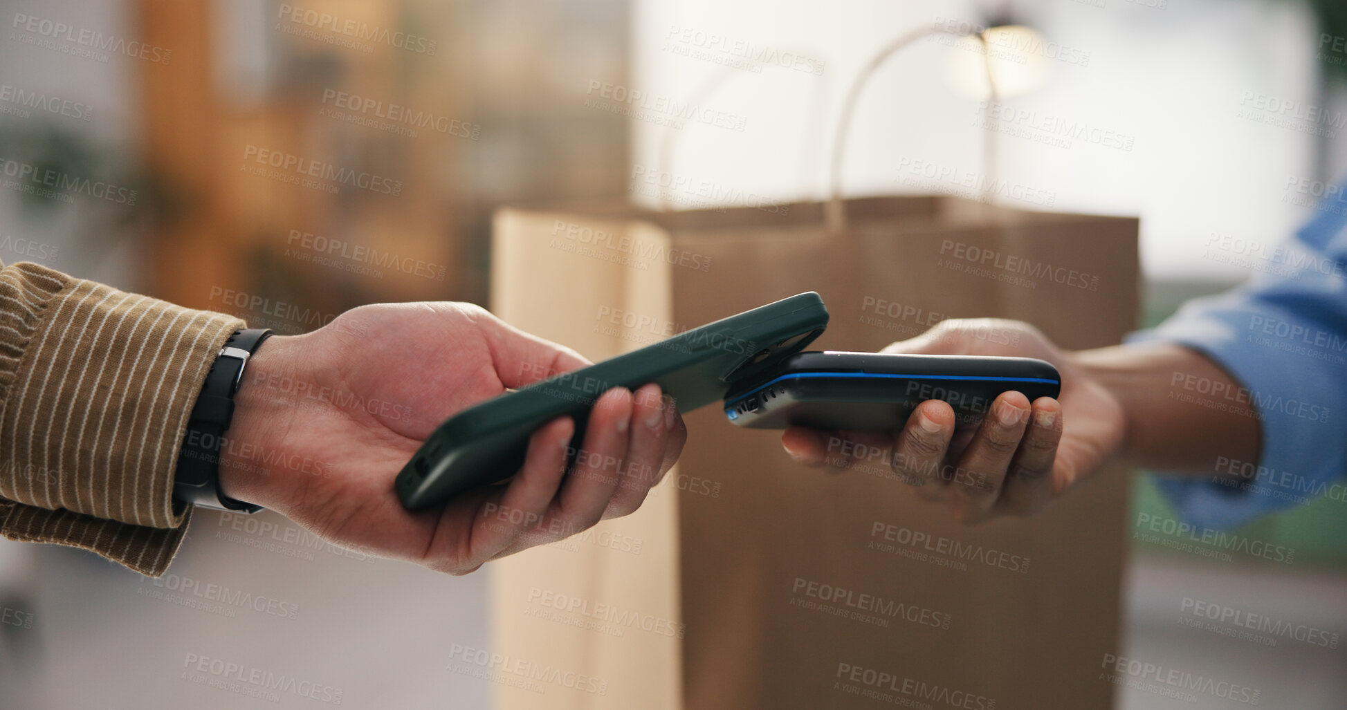Buy stock photo Phone, hands and payment with pos machine for shopping, cashless transaction and fintech. Mobile, people and financial purchase in store with cashier for sale, retail discount or customer service
