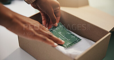 Buy stock photo Person, hands and thank you card with box for logistics, courier service or packaging in small business. Distributor, supplier or cargo with gratitude for delivery, order or support of merchandise