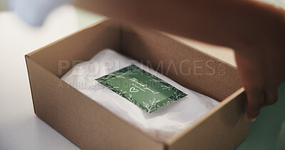Buy stock photo Person, hands and card with box for logistics, courier service or package in small business. Distributor, supplier or note with gratitude for delivery, order or thank you for support of merchandise