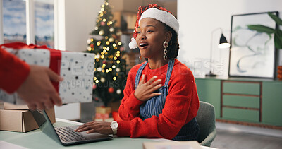 Buy stock photo Christmas, gift and surprise with woman in office for holiday celebration, startup and laptop. Festive season, present and dropshipping agency with employee and box for secret Santa tradition
