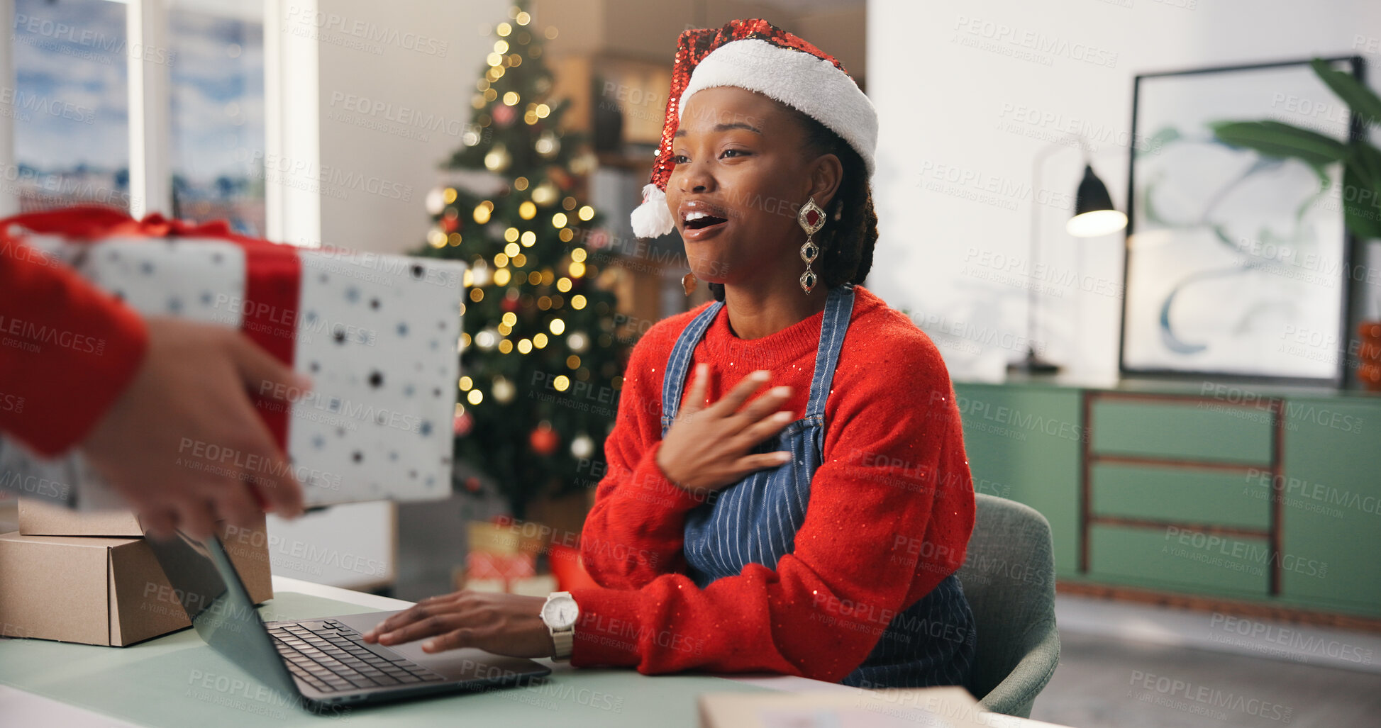 Buy stock photo Christmas, gift and surprise with woman in office for holiday celebration, startup and laptop. Festive season, present and dropshipping agency with employee and box for secret Santa tradition