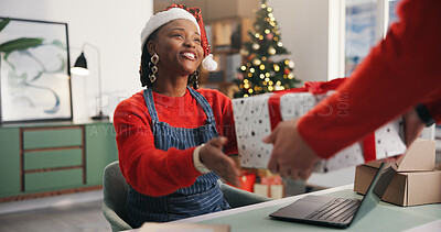 Buy stock photo Christmas, gift and thank you with woman in office for holiday celebration, startup and laptop. Festive season, present and dropshipping agency with employee and box for secret Santa tradition