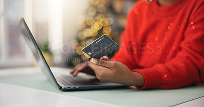 Buy stock photo Person, hands and laptop with credit card for online shopping, payment and Christmas in home. Shopper, bokeh or computer with debit for festive gift, typing order or wireless transaction in house