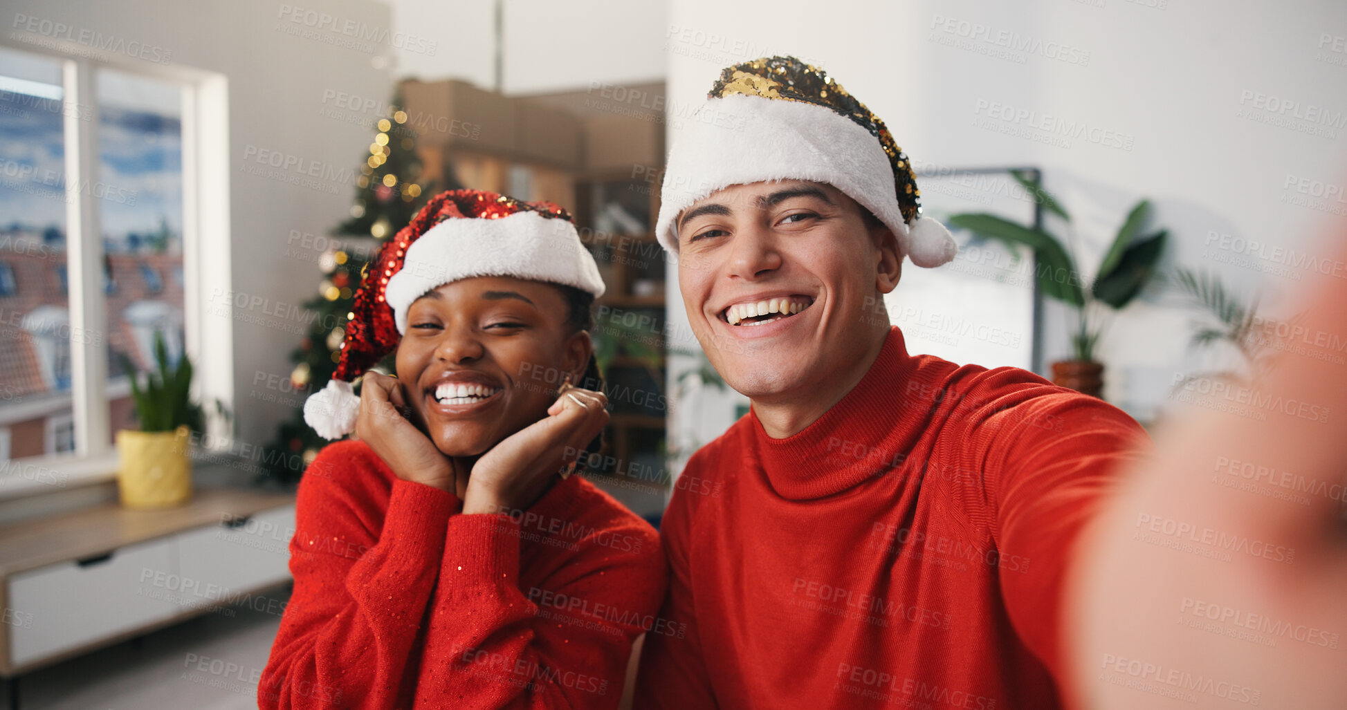 Buy stock photo Christmas, portrait and logistics team with selfie in startup for festive, status update or celebration. Shipping, people or happy with photo POV for warehouse xmas party, social media post or memory