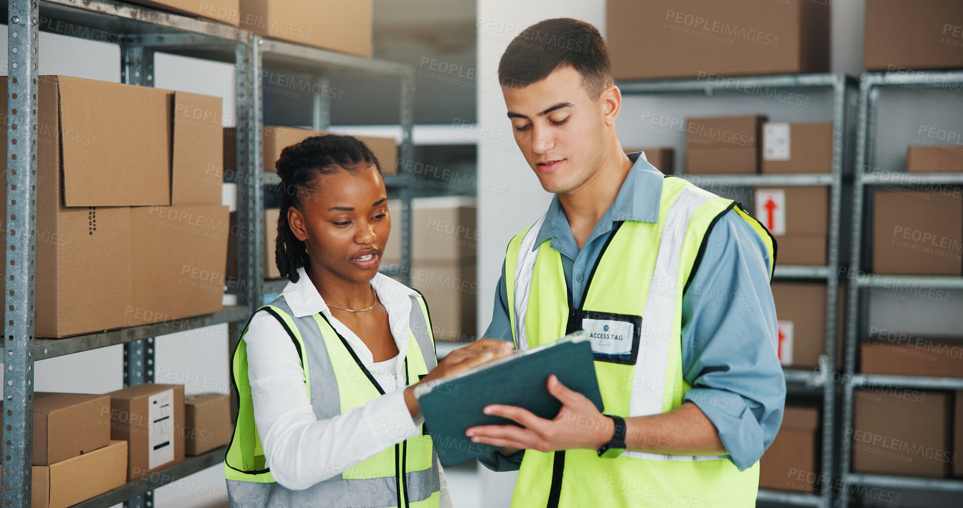 Buy stock photo People, reading and tablet for logistics at warehouse for inspection, information and supply chain. Team, boxes and digital for stock check, inventory checklist and distribution schedule of ecommerce