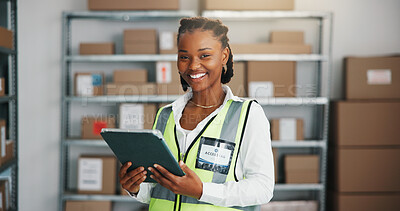 Buy stock photo Portrait, tablet or woman with smile for logistics, confidence or supply chain management in warehouse. Startup, ecommerce or black person with pride for inventory distribution, dropshipping or tech
