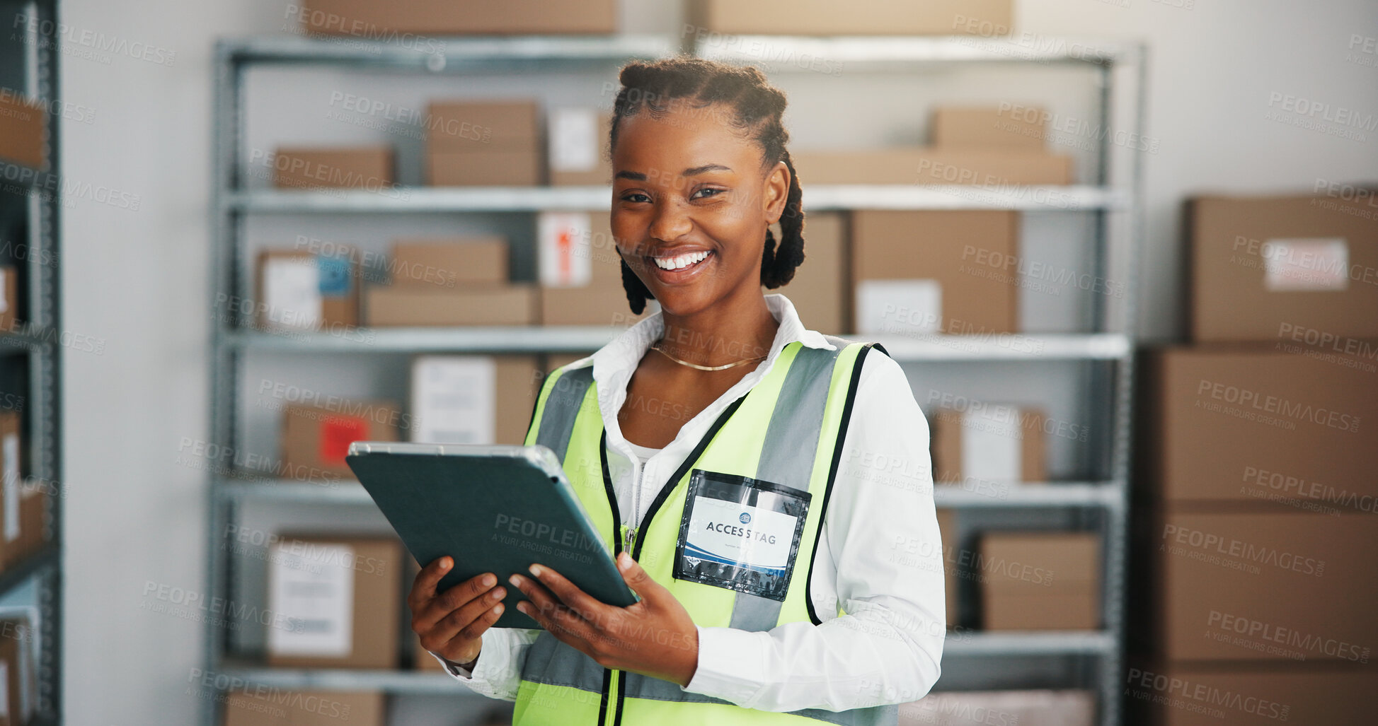 Buy stock photo Portrait, tablet or woman with smile for logistics, confidence or supply chain management in warehouse. Startup, ecommerce or black person with pride for inventory distribution, dropshipping or tech