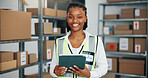 Portrait, tablet or woman with confidence for logistics, supply chain or warehouse management for startup. Smile, ecommerce or black person with pride for inventory distribution, dropshipping or tech