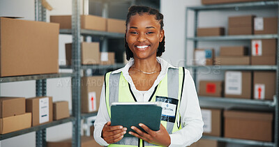 Buy stock photo Portrait, tablet or woman with confidence for logistics, supply chain or warehouse management for startup. Smile, ecommerce or black person with pride for inventory distribution, dropshipping or tech