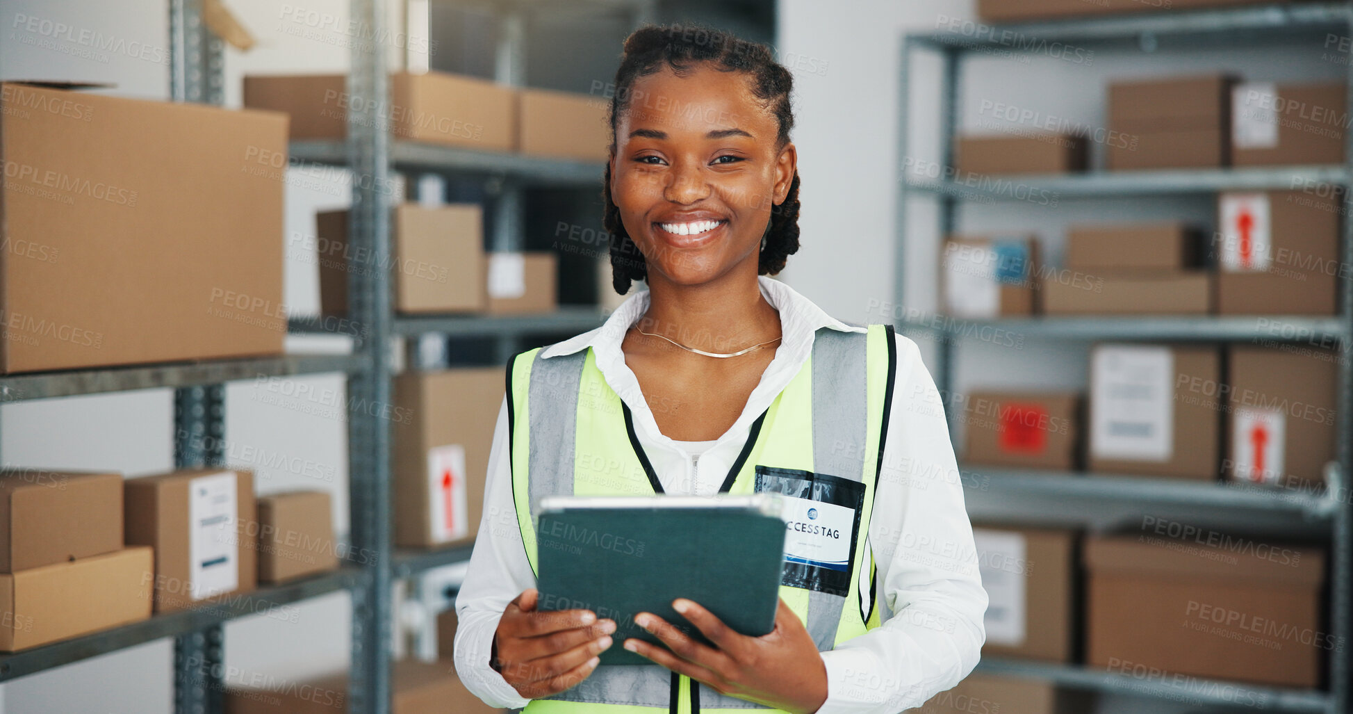 Buy stock photo Portrait, tablet or woman with confidence for logistics, supply chain or warehouse management for startup. Smile, ecommerce or black person with pride for inventory distribution, dropshipping or tech