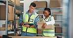 People, tablet and boxes for logistics at warehouse for label details, information and supply chain. Team, digital and package for delivery, inventory checklist and distribution schedule of ecommerce