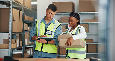 Buy stock photo People, tablet and boxes for logistics at warehouse for label details, information and supply chain. Team, digital and package for delivery, inventory checklist and distribution schedule of ecommerce