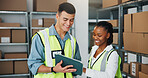 Happy, people and tablet for logistics at warehouse for online order, information and supply chain. Team, boxes and digital for stock check, inventory checklist and distribution schedule of ecommerce