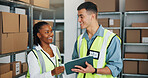 Smile, people and tablet for logistics at warehouse for inspection, information and supply chain. Team, boxes and stock update with digital, inventory checklist and distribution schedule of ecommerce