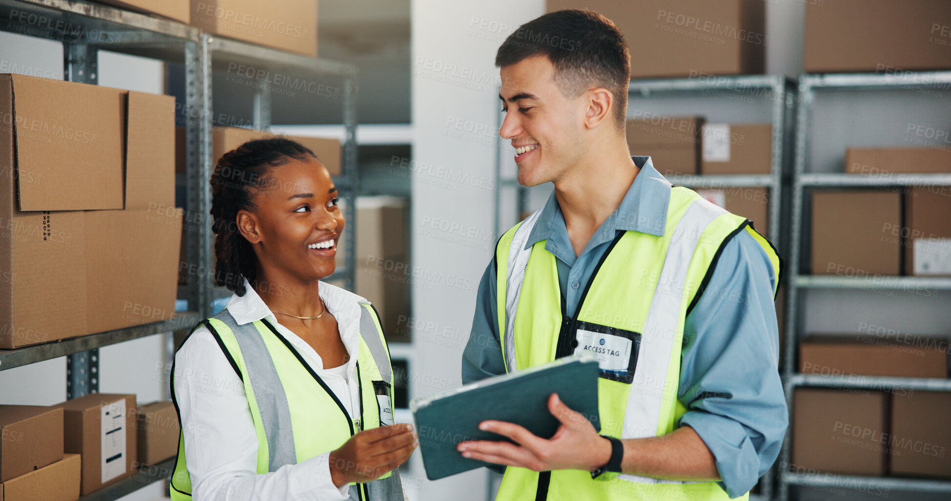 Buy stock photo Smile, people and tablet for logistics at warehouse for inspection, information and supply chain. Team, boxes and stock update with digital, inventory checklist and distribution schedule of ecommerce