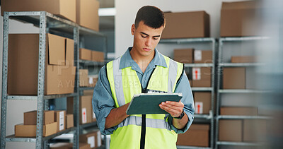 Buy stock photo Logistics, reading or man with tablet in warehouse, distributor schedule or stock shipment notification. Inventory management, tech or worker with wholesale supplier email, supply chain or timetable