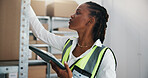 Inspection, box or woman with tablet in warehouse, dispatch process or inventory management for startup. Logistics, dropshipping or black person with tech for quality control, freight or check parcel