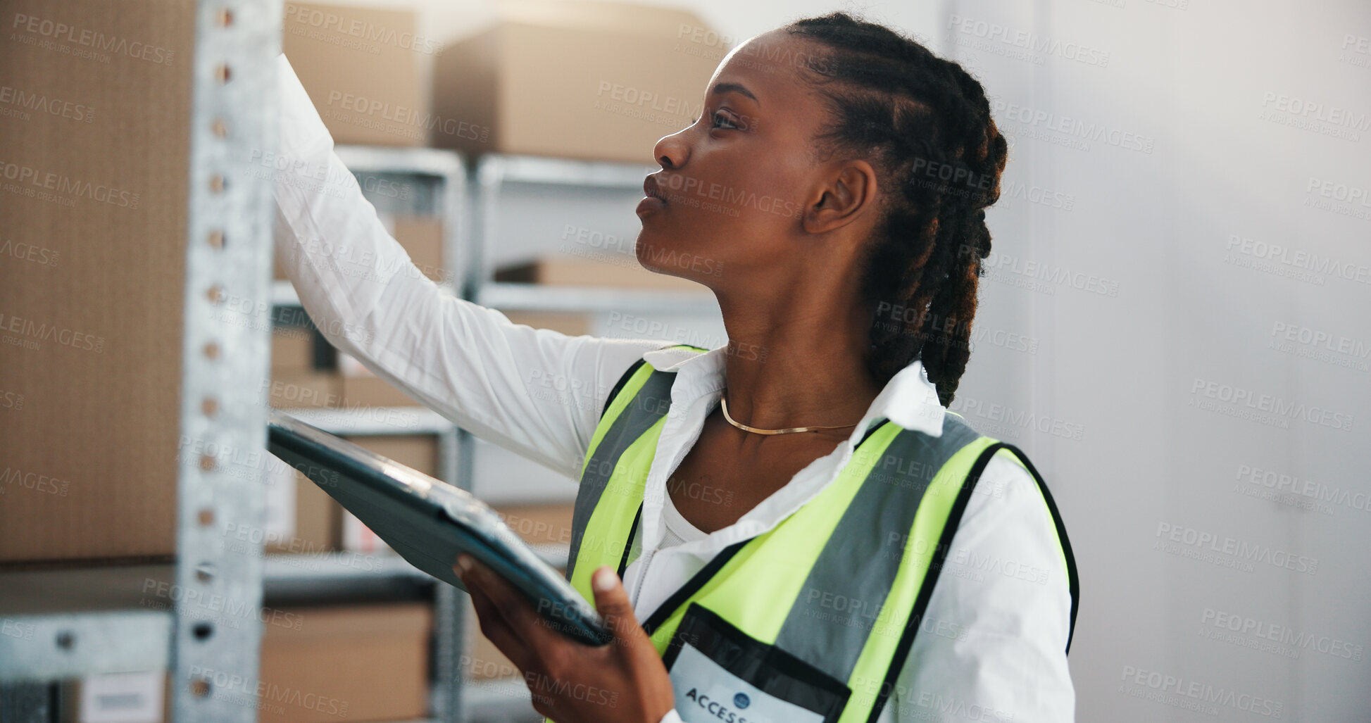 Buy stock photo Inspection, box or woman with tablet in warehouse, dispatch process or inventory management for startup. Logistics, dropshipping or black person with tech for quality control, freight or check parcel