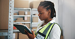 Logistics, reading or black woman with tablet in warehouse, distributor schedule or shipment notification. Inventory management, tech or worker with supplier email, supply chain or delivery timetable