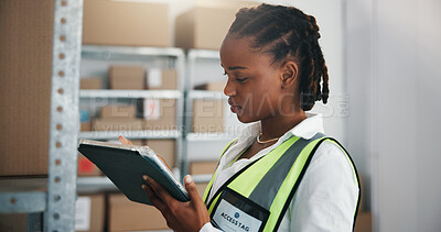 Buy stock photo Logistics, reading or black woman with tablet in warehouse, distributor schedule or shipment notification. Inventory management, tech or worker with supplier email, supply chain or delivery timetable