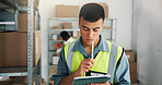 Logistics, check or man in storehouse with tablet, stock control or inventory management for shipping. Digital, boxes or distributor in warehouse with tech, trade or export checklist in supply chain.