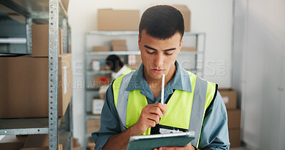Buy stock photo Logistics, check or man in storehouse with tablet, stock control or inventory management for shipping. Digital, boxes or distributor in warehouse with tech, trade or export checklist in supply chain.