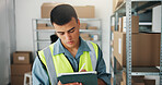Inspection, writing or man with tablet in warehouse, storage process or inventory management for ecommerce. Tech, dropshipping or employee with product availability notes, supply chain or check stock