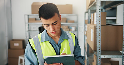 Buy stock photo Inspection, writing or man with tablet in warehouse, storage process or inventory management for ecommerce. Tech, dropshipping or employee with product availability notes, supply chain or check stock