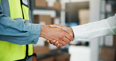 Buy stock photo Business people, logistics and supply chain with handshake for partnership, b2b or agreement. Closeup, distributor or supplier shaking hands with deal for cargo distribution or teamwork in warehouse