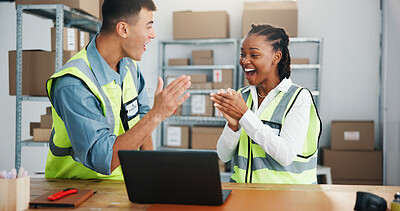 Buy stock photo Happy, business people or applause with laptop in logistics for winning or congratulations together. Excited, man or woman clapping with smile, boxes or computer for good news or supply chain success