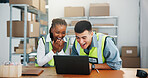 Excited, business people or success with laptop in logistics for winning or congratulations together. Happy, man or woman with smile, boxes or computer for good news or supply chain in workplace
