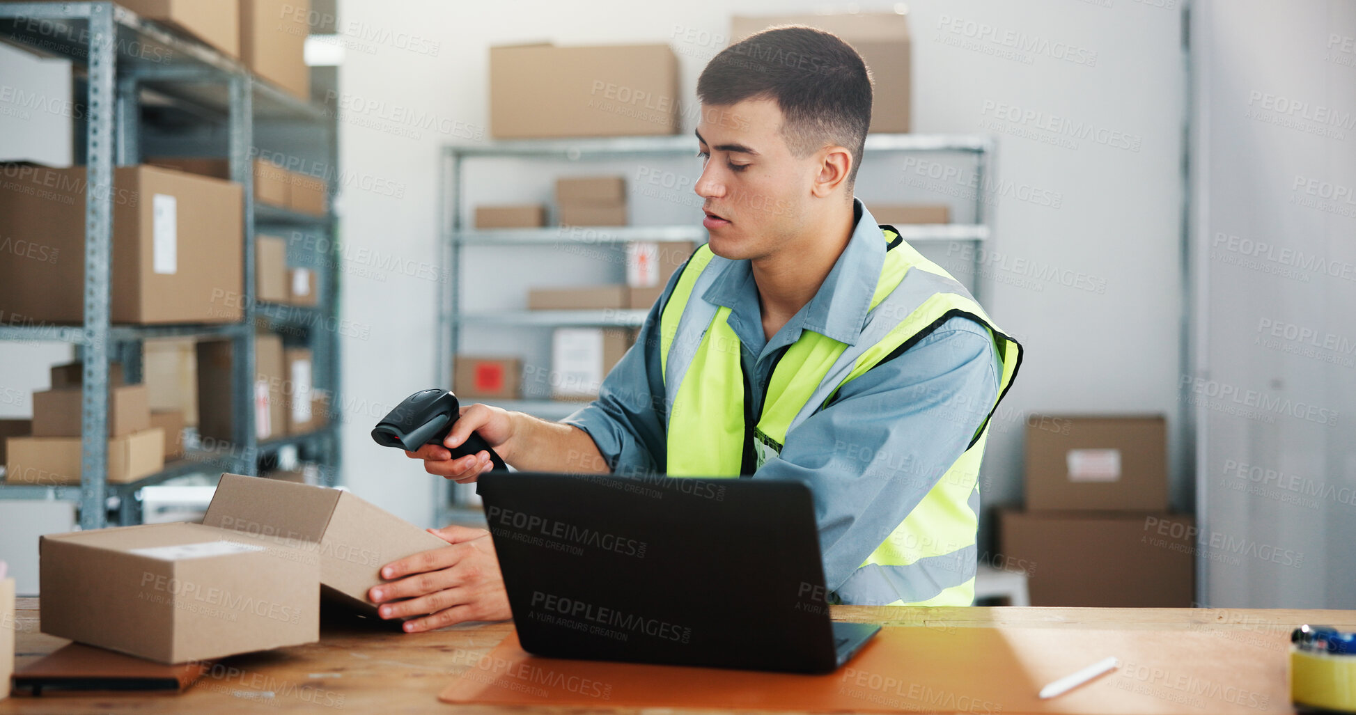 Buy stock photo Businessman, laptop and box with scanner for logistics, price check or RFID tracking in warehouse. Man, distributor or supplier with cargo, parcel or package for delivery, inventory or stock control