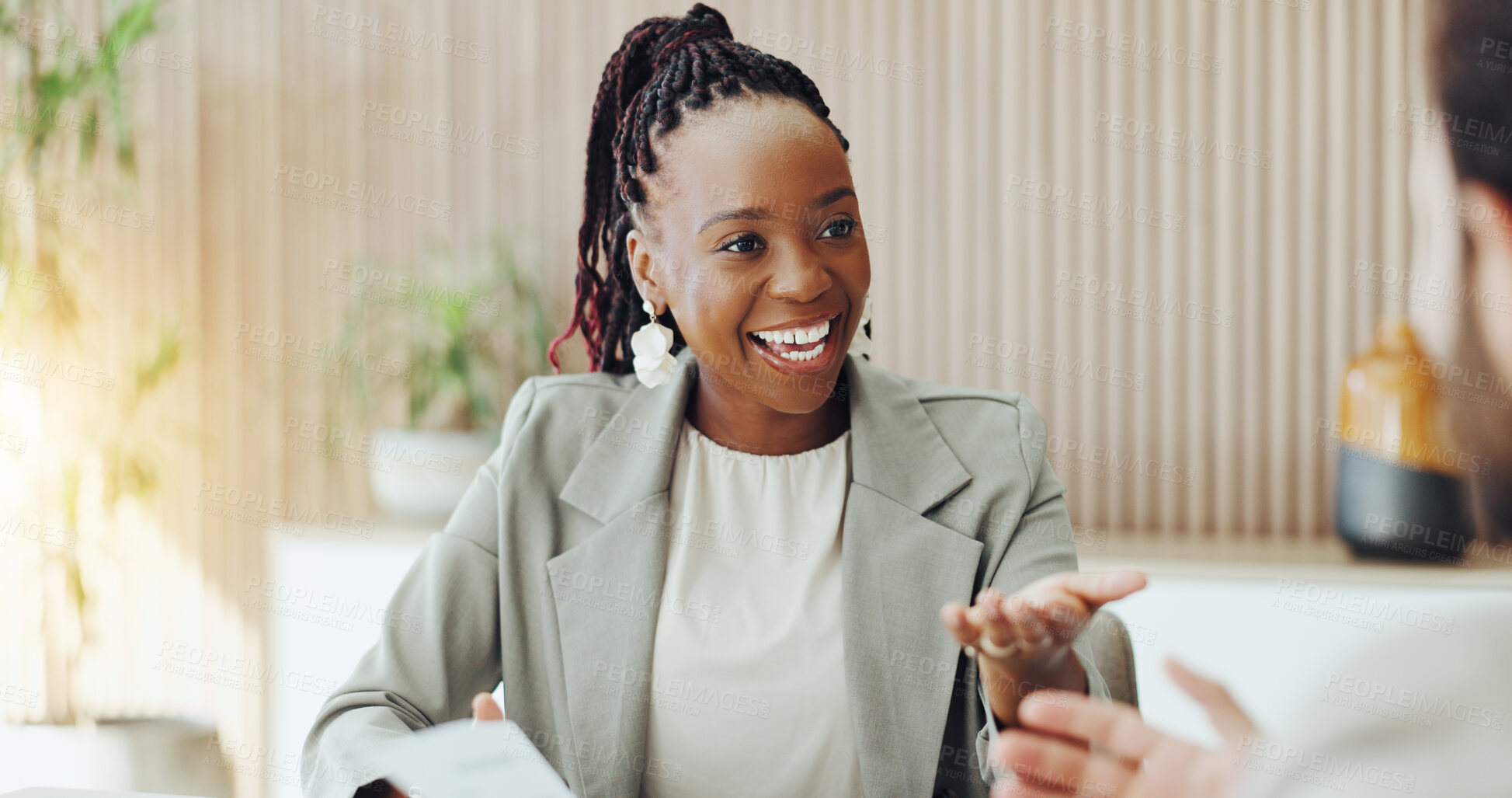 Buy stock photo Woman, talking and meeting with smile in office for planning, feedback and article manuscript. Happy, people and discussion with draft document, copywriting report and teamwork for story publication