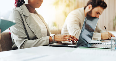 Buy stock photo Hands, laptop and meeting with business person in office boardroom for collaboration or planning. Computer, typing and workshop with employee at desk in workplace for project management or schedule