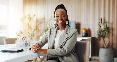 Buy stock photo Portrait, smile or black woman in office with pride, about us or job goals in finance industry. Happy, corporate or analyst in firm with confidence, career growth or experience in risk management.
