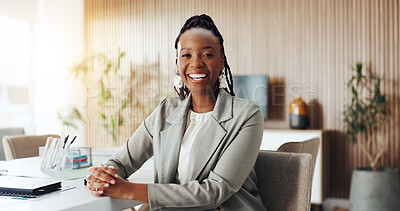 Buy stock photo Portrait, smile or black woman in firm with pride, about us or job goals in finance industry. Happy, corporate or analyst in workplace with confidence, career growth or experience in risk management